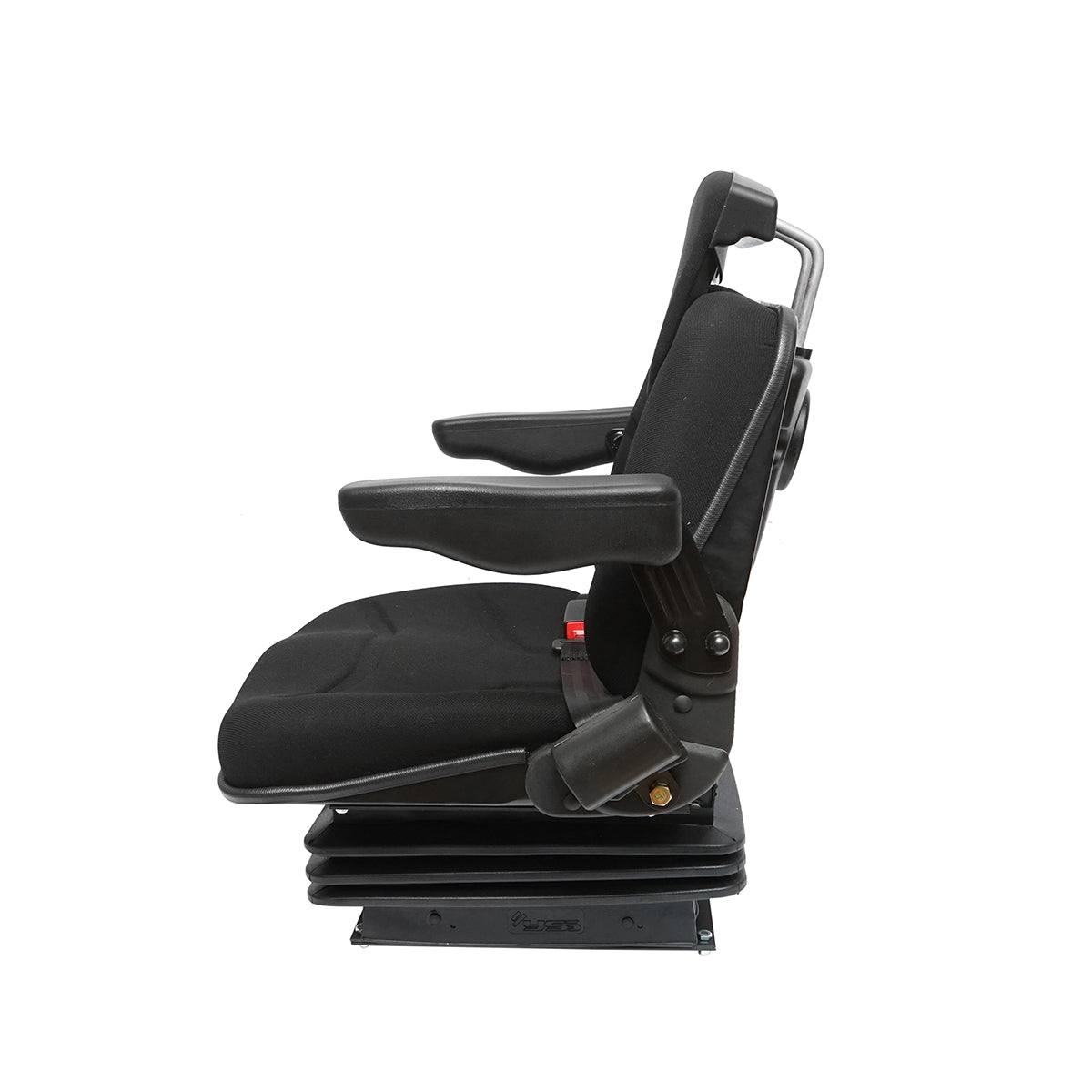 Fekete traktorülés, állítható, kartámasszal, fejtámlával, biztonsági övvel és mechanikus felfüggesztéssel, ülés szélessége 455 mm