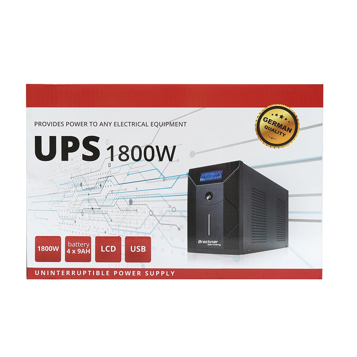 UPS 3000VA/1800W 4x9Ah akkumulátorokkal és 3 shuko aljzattal, LCD, USB, AVR Breckner Germany