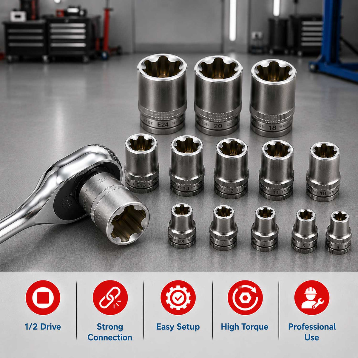 Dugókulcs készlet e profil e4-e24 1/4 3/8 1/2 14 db GEBO TOOLS