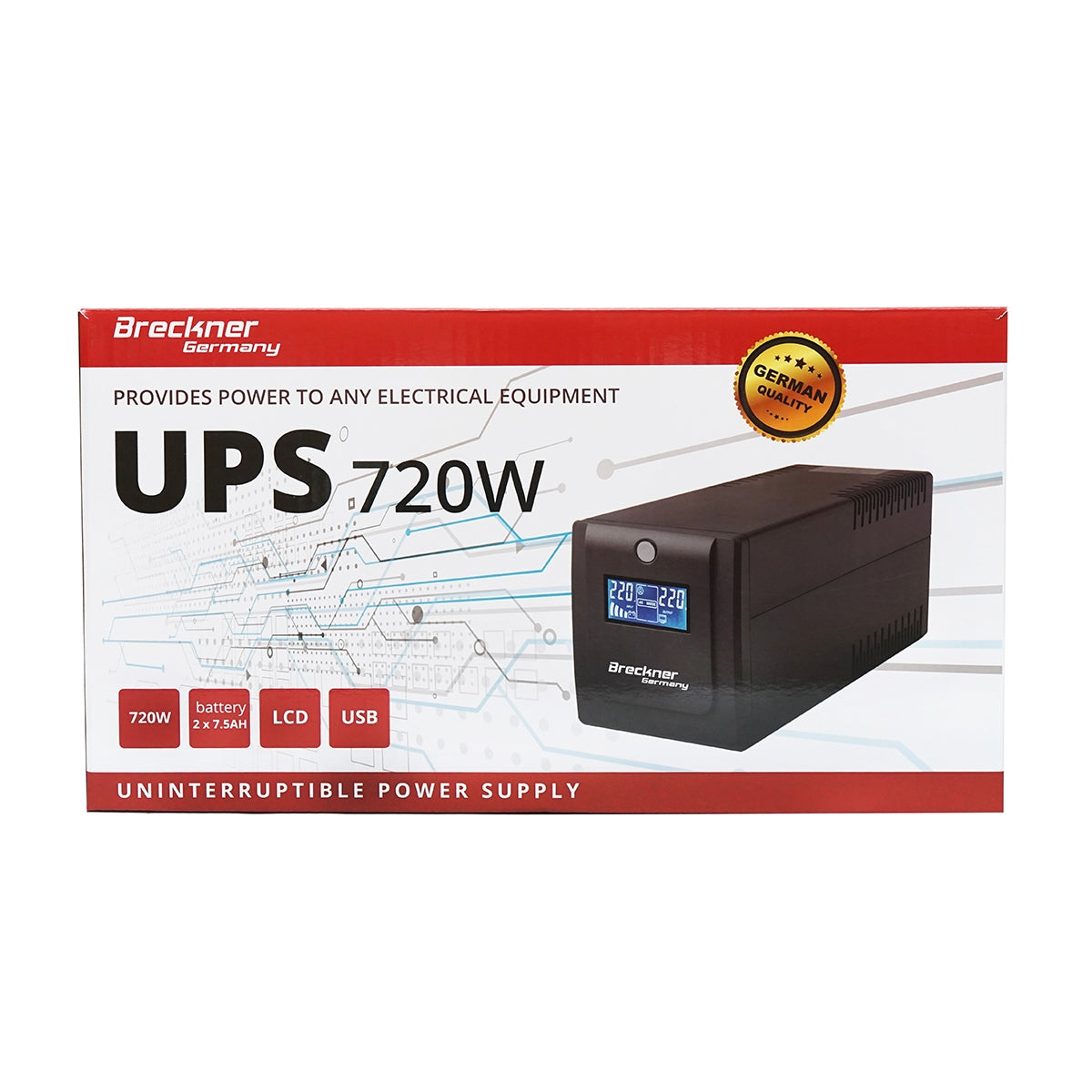 UPS 1000VA/600W 2x7.5Ah akkumulátorokkal és 4 shuko aljzattal, LCD, USB Breckner Germany