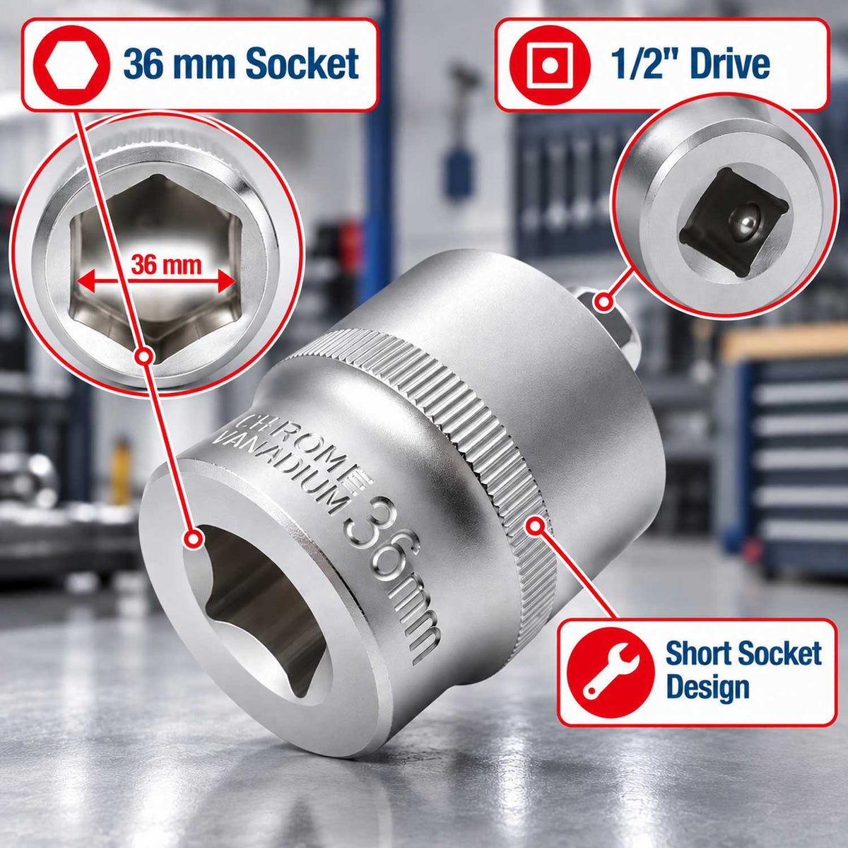 Rövid dugókulcs - 1/2" - 36 mm