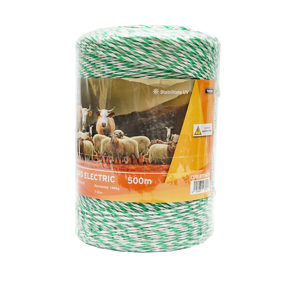 Elektromos kerítés dróttekercs, fehér-zöld, 2,5 mm átmérő, 4×0,2 mm rozsdamentes acél betéttel, ellenállás 7 Ohm/m, 500 m, Thor