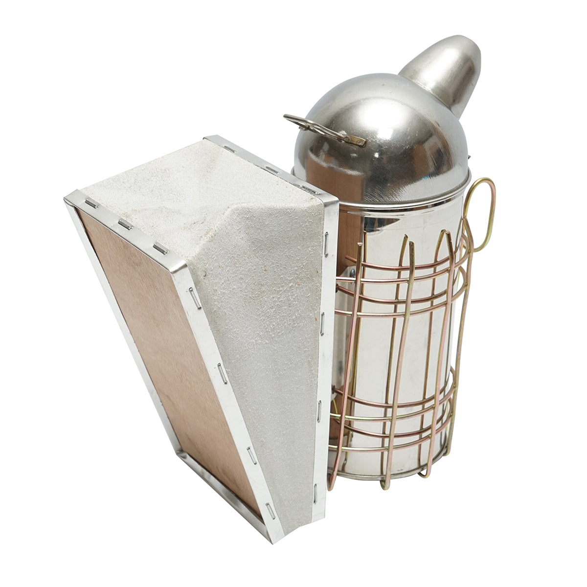 Méhészeti füstölő, rozsdamentes acél, hővédő hengerrel és bőrfújtatóval, 210 mm