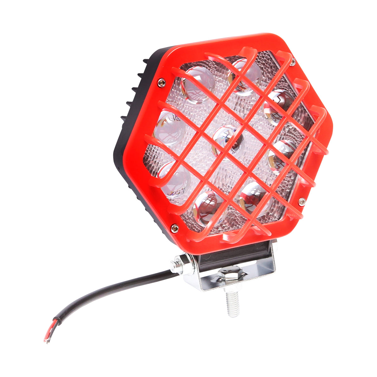 Hatszögletű reflektor, piros műanyag ráccsal, 9 LED, 30° sugárzási szög, DC 10–80V, 27W, Breckner Germany