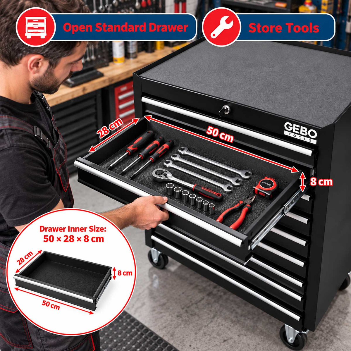 Üres fém szerszámos kocsi - szerszámos szekrény 7 fiókos, fekete, kerekekkel 78 x 62 x 33 cm GEBO TOOLS