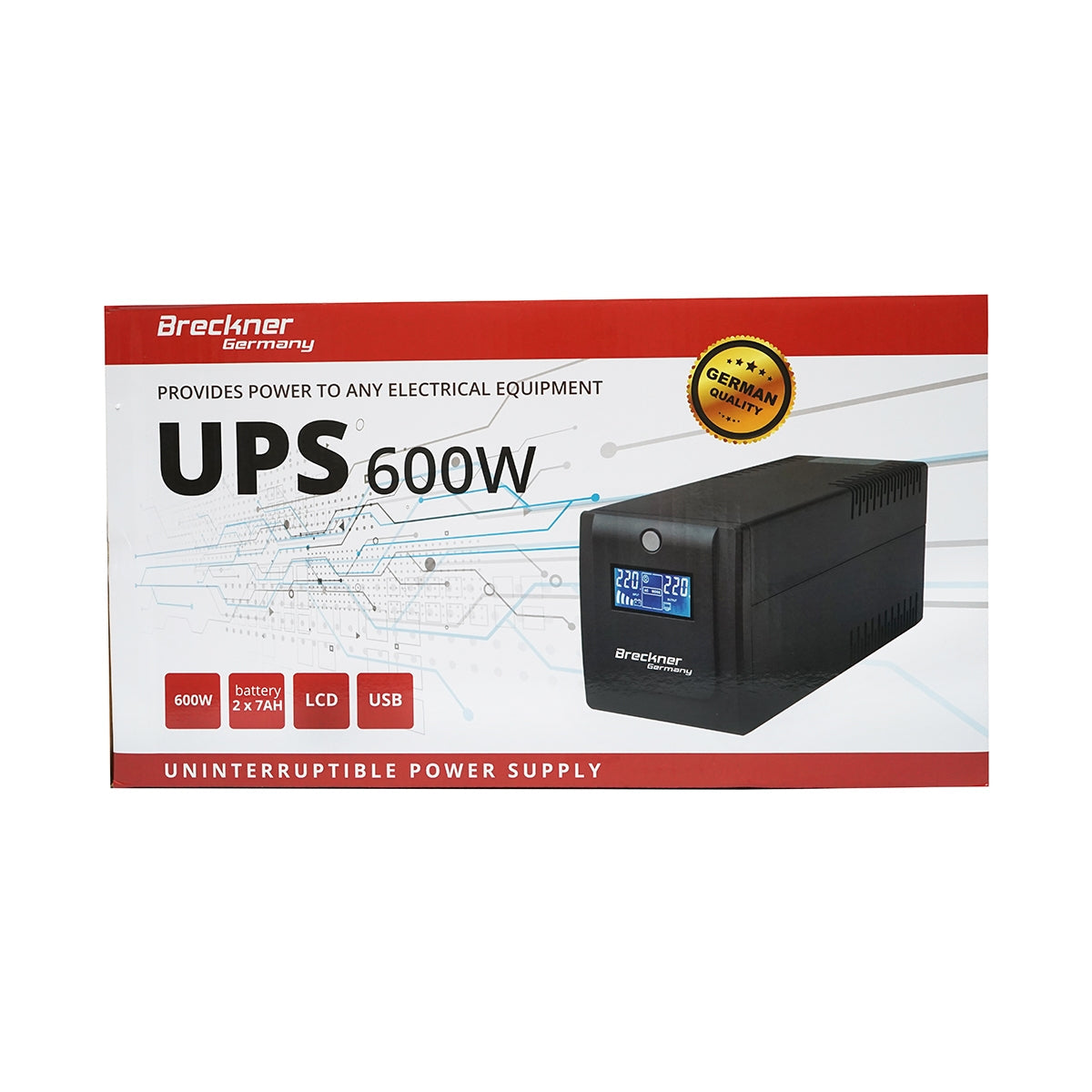 UPS 1000VA/600W 2x7Ah akkumulátorokkal és 4 shuko aljzattal, LCD, USB, AVR Breckner Germany