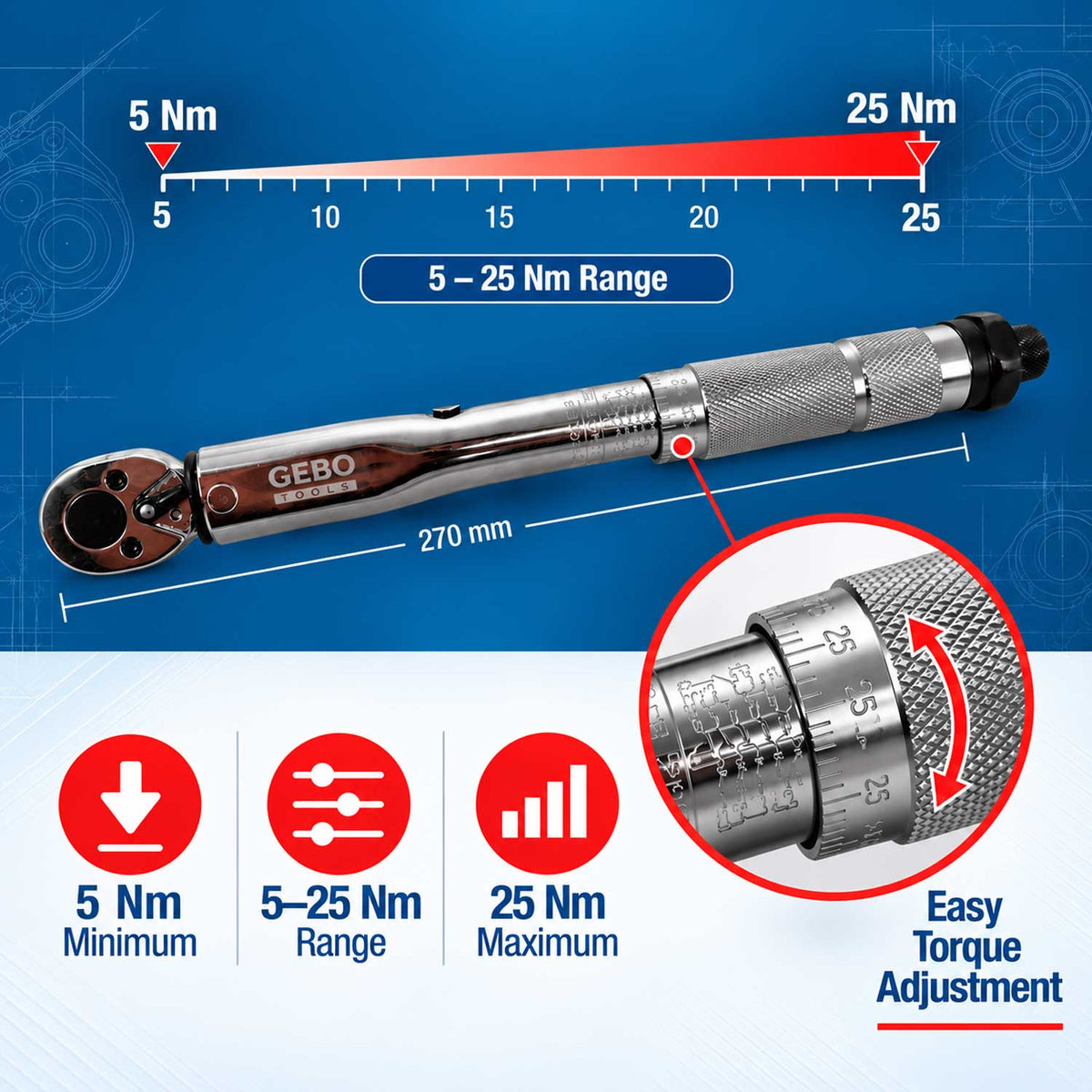 Nyomatékkulcs 1/4" 5-25 NM GEBO TOOLS
