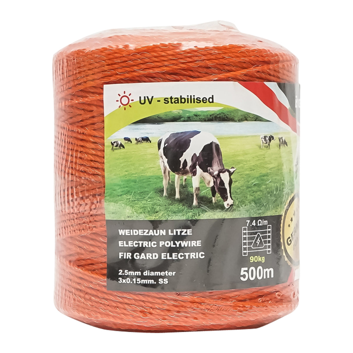 Elektromos kerítés dróttekercs, narancssárga, 2,5 mm átmérő, 3×0,15 mm rozsdamentes acél betéttel, ellenállás 7,4 Ohm/m, 500 m, Breckner Germany