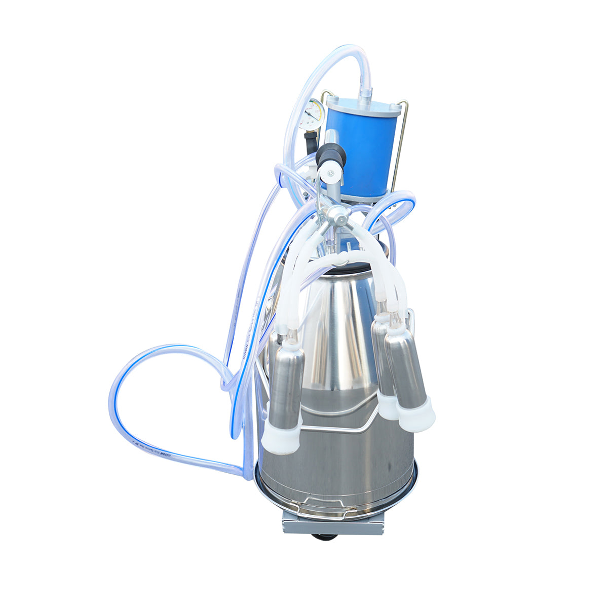 Tehénfejő gép, 1 állásos, 550 W, 25 literes rozsdamentes acél tartállyal, fejőegység 4 fejőpohárral, vákuumnyomás 45–50 kPa, pulzálás 60–80 ciklus/perc