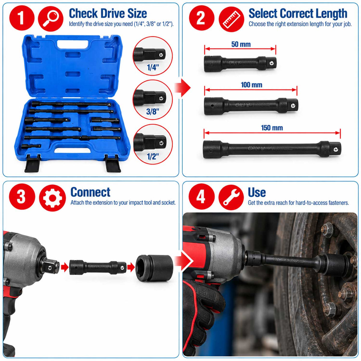 Gépi hosszabbító szár készlet 1/4 3/8 1/2 9 db GEBO TOOLS