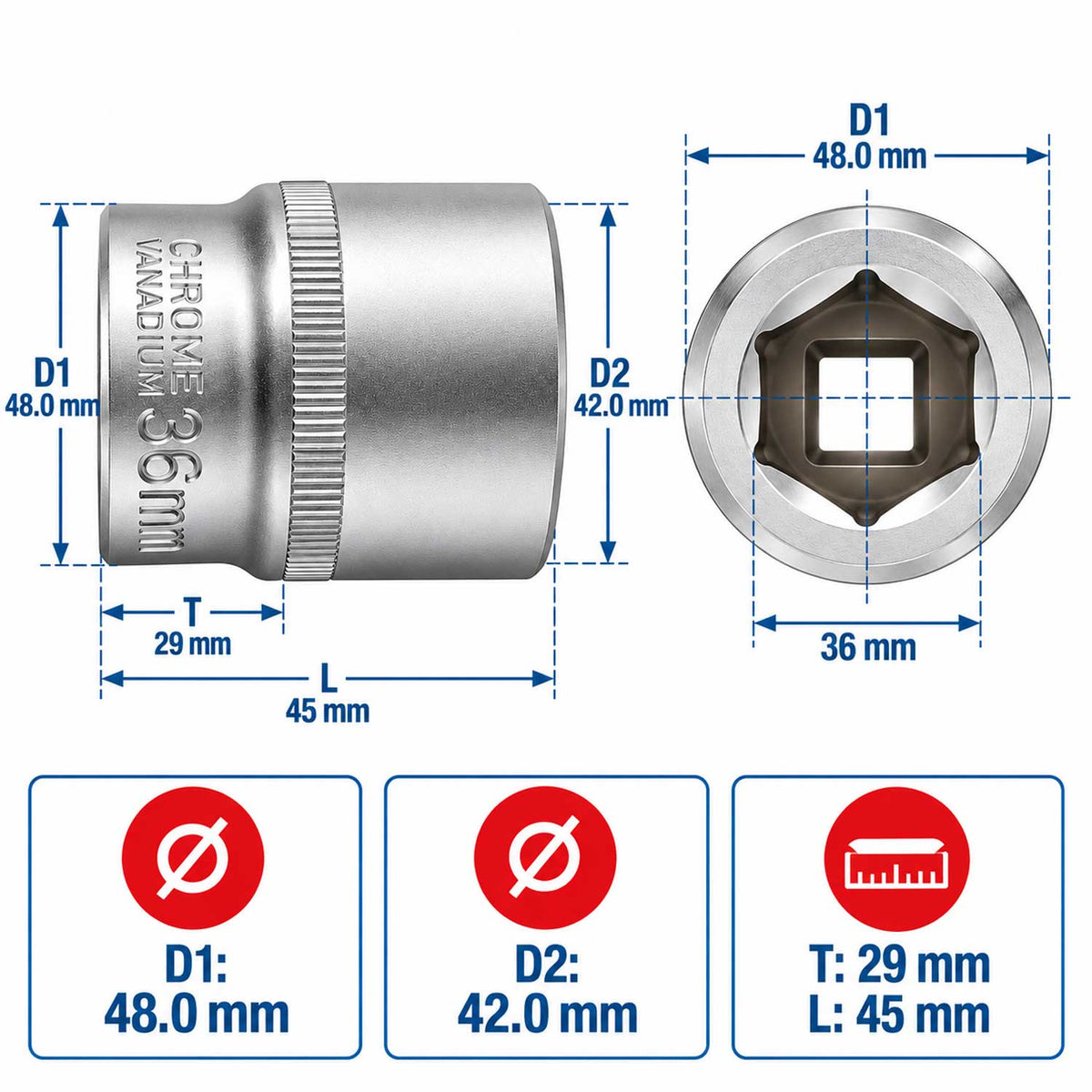 Rövid dugókulcs - 1/2" - 36 mm