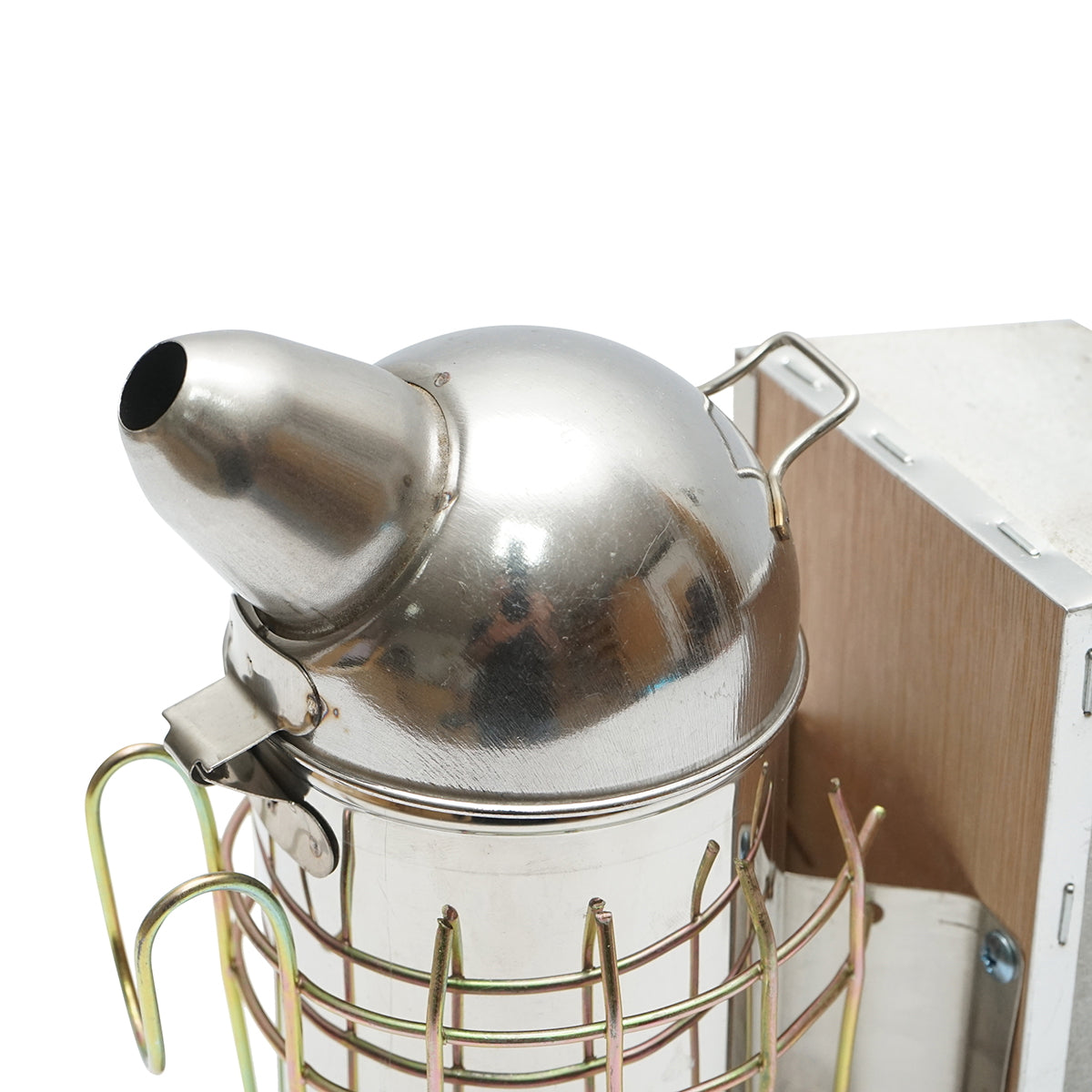 Méhészeti füstölő, rozsdamentes acél, hővédő hengerrel és bőrfújtatóval, 210 mm