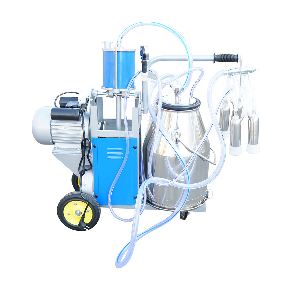 Tehénfejő gép, 1 állásos, 550 W, 25 literes rozsdamentes acél tartállyal, fejőegység 4 fejőpohárral, vákuumnyomás 45–50 kPa, pulzálás 60–80 ciklus/perc