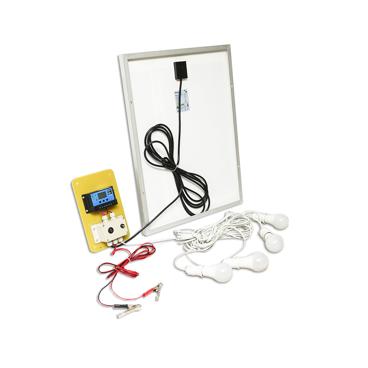 Napelem szett, 50W monokristályos, 670x540x30 mm, 12–24V, 12/17Ah akkumulátorral, 4 db 9W izzóval, Breckner Germany