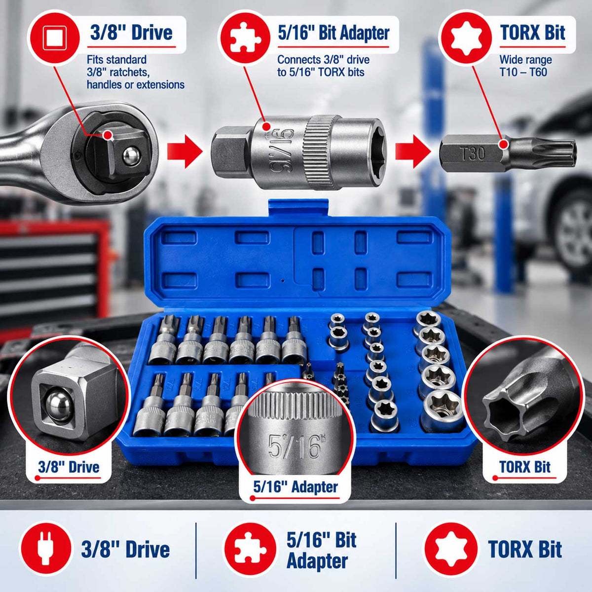 Dugókulcs készlet e-profil TORX 3/8" 34 db t10-t60 e4-e20 GEBO TOOLS