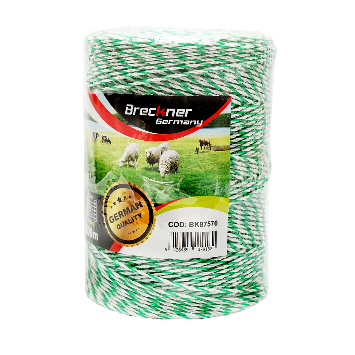 Elektromos kerítés dróttekercs, fehér-zöld, 2,5 mm átmérő, 4×0,2 mm rozsdamentes acél betéttel, ellenállás 7 Ohm/m, 500 m, Breckner Germany