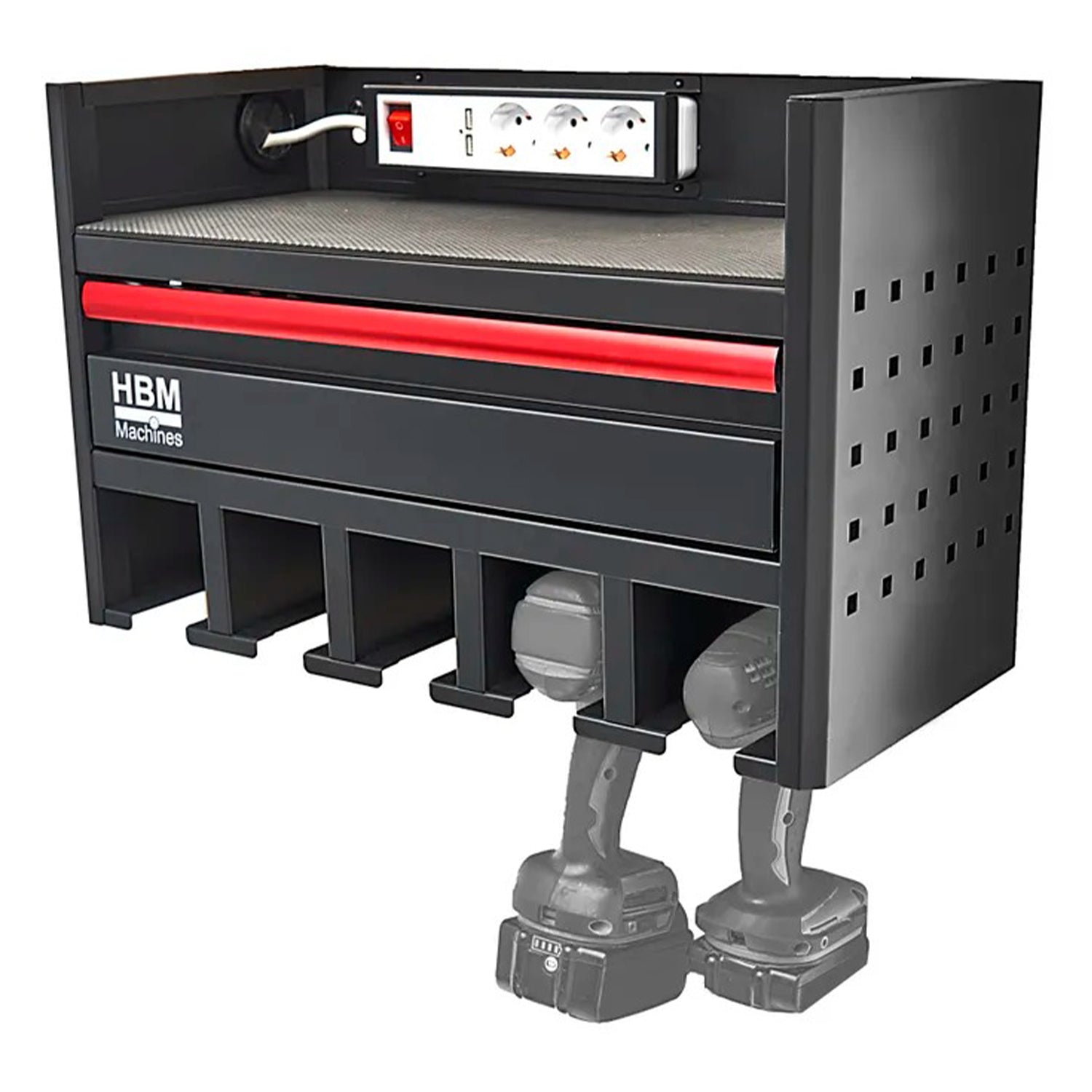 FALI SZERSZÁMTÁROLÓ SZEKRÉNY ELEKTROMOS ÉS PNEUMATIKUS SZERSZÁMOKHOZ, 1 FIÓKKAL, 220V ALJZATTAL