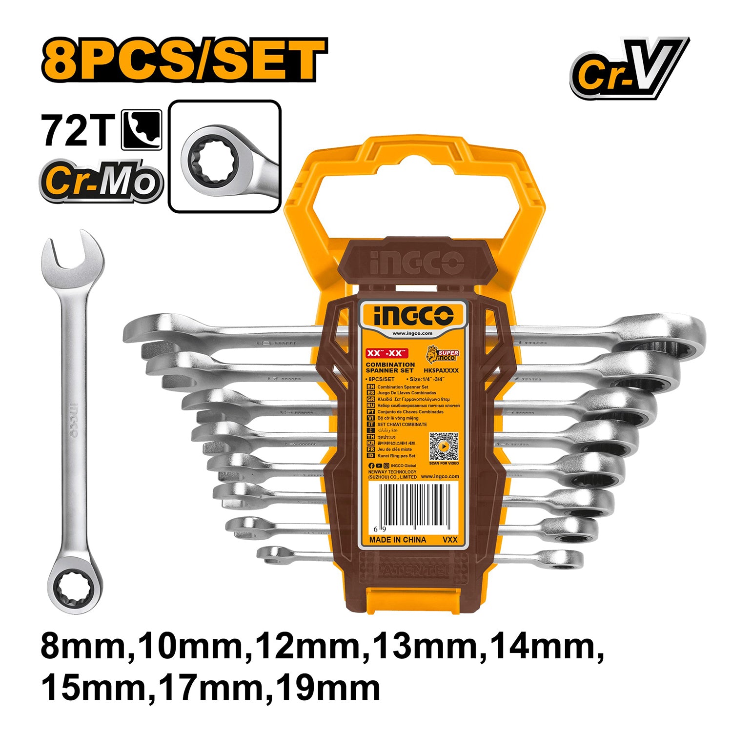 CSILLAG-VILLÁS CSÚKLÓS RACSNIS KULCS KÉSZLET 8-19MM INGCO