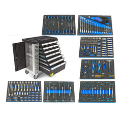 PROFESSZIONÁLIS FELSZERELT SZERSZÁMOS KOCSI – SZERSZÁMOS SZEKRÉNY HBM 7 FIÓKKAL, 262 DARABOS KÉSZLET, 7 SZÉNMODUL – HOLLANDIA, PRÉMIUM