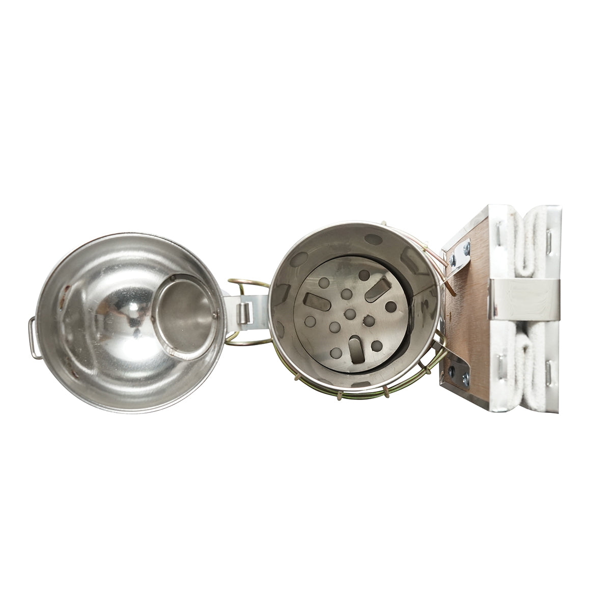 Méhészeti füstölő, rozsdamentes acél, hővédő hengerrel és bőrfújtatóval, 210 mm