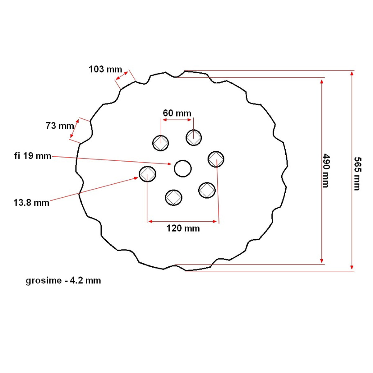 Csipkés tárcsalap független tárcsás rendszerhez D=565x4, 6x13.8 mm-es négyszög, 6,95 kg
