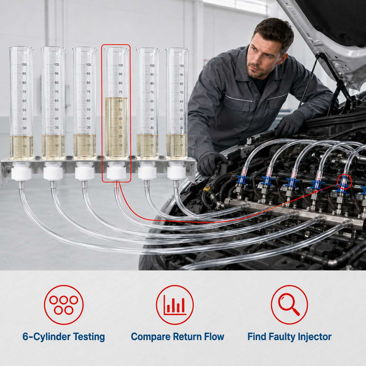 Üzemanyag-visszatérési szivárgásellenőrző készlet – COMMON RAIL dízel injektor áramlási tesztkészlet, adapter 6 hengeres motorokhoz GEBO TOOLS
