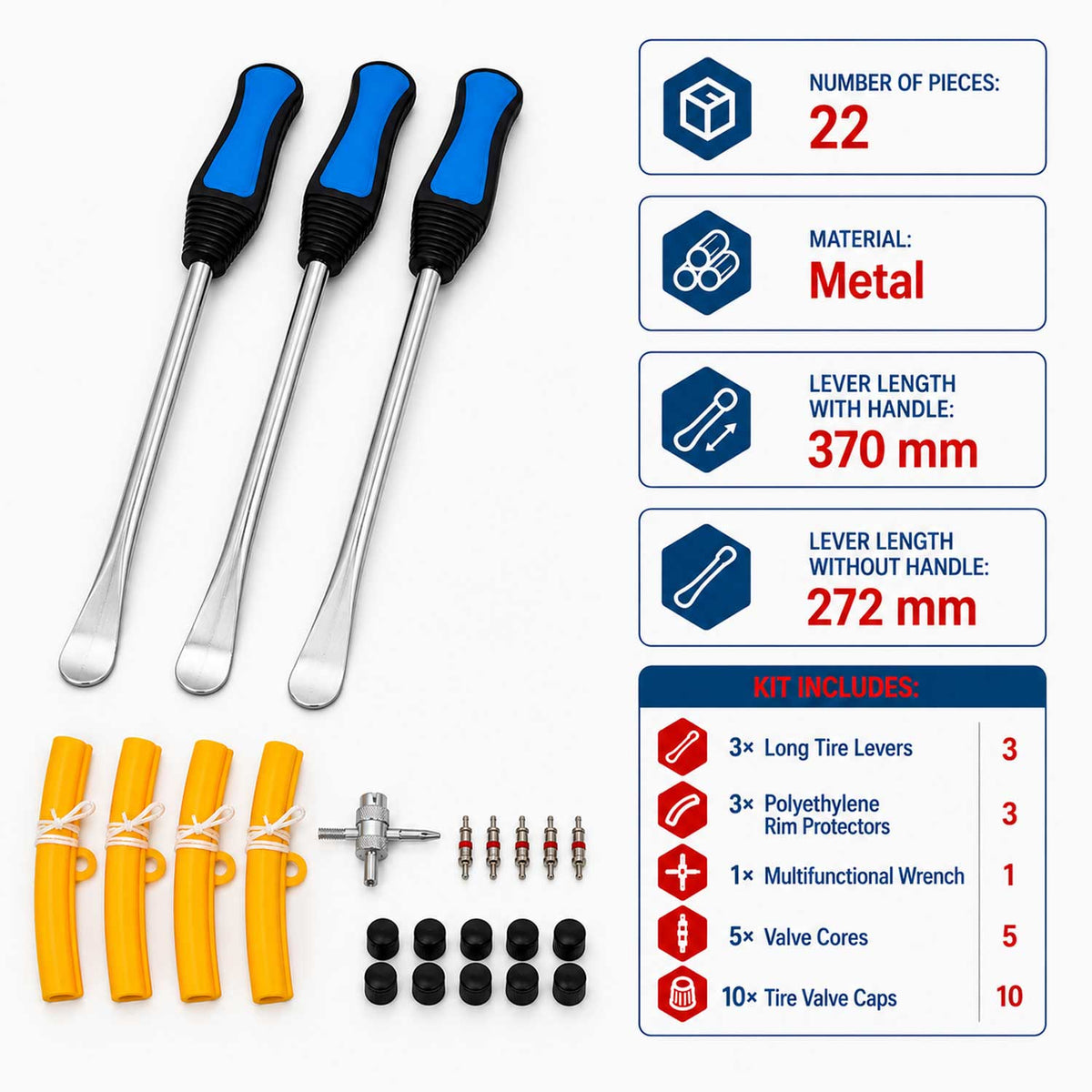 Feszítővas fogantyúval gumiabroncshoz felni védelemmel 22 db GEBO TOOLS