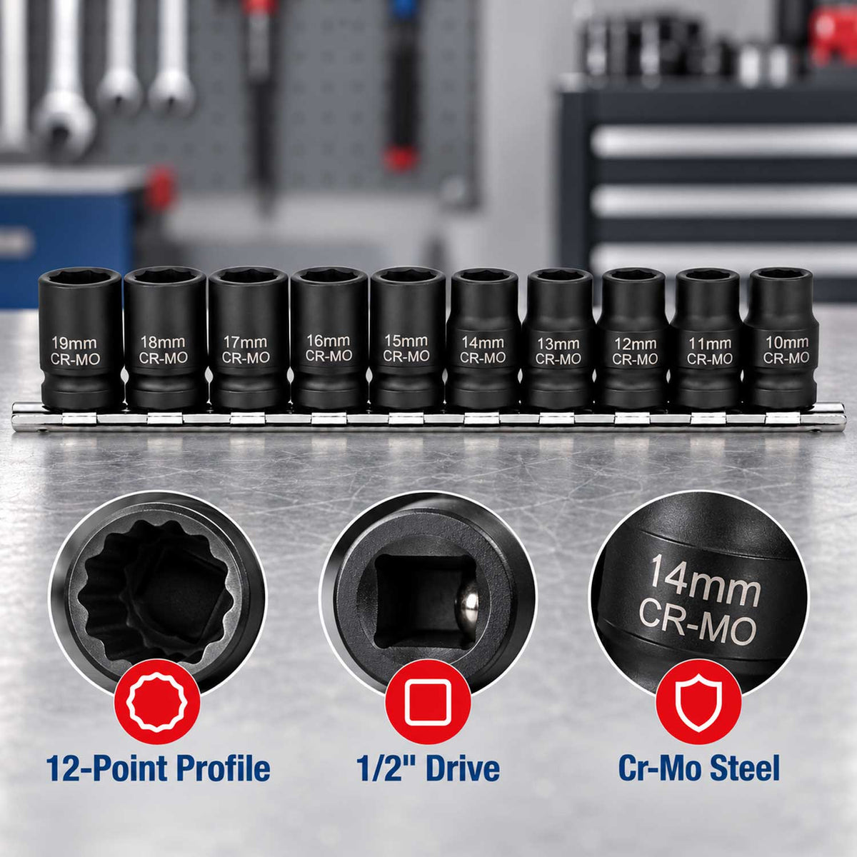 Gépi bi-hexagonális dugókulcs készlet rövid 10 db 1/2" 12 oldal