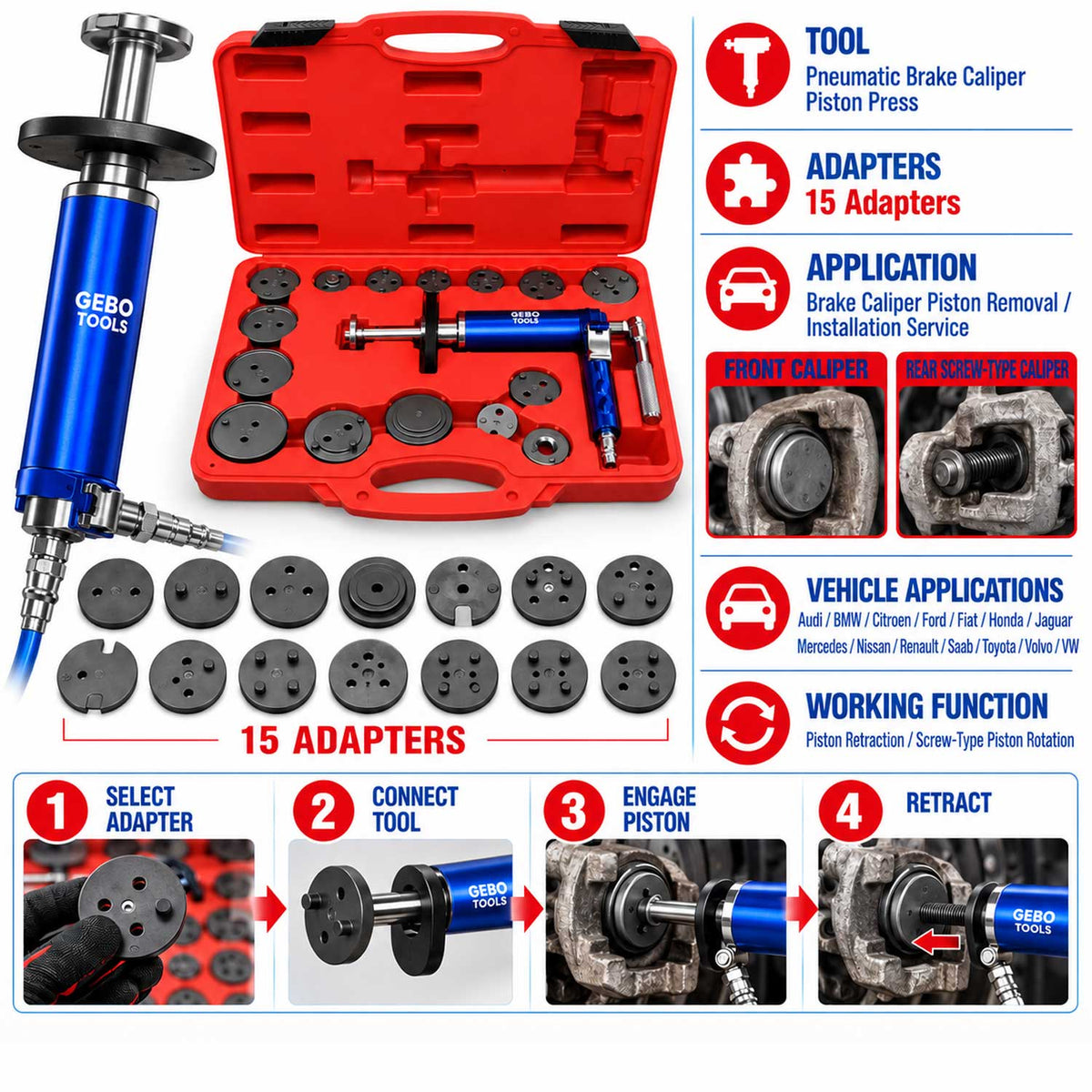 Fékmunkahenger visszanyomó készlet 16 db GEBO TOOLS
