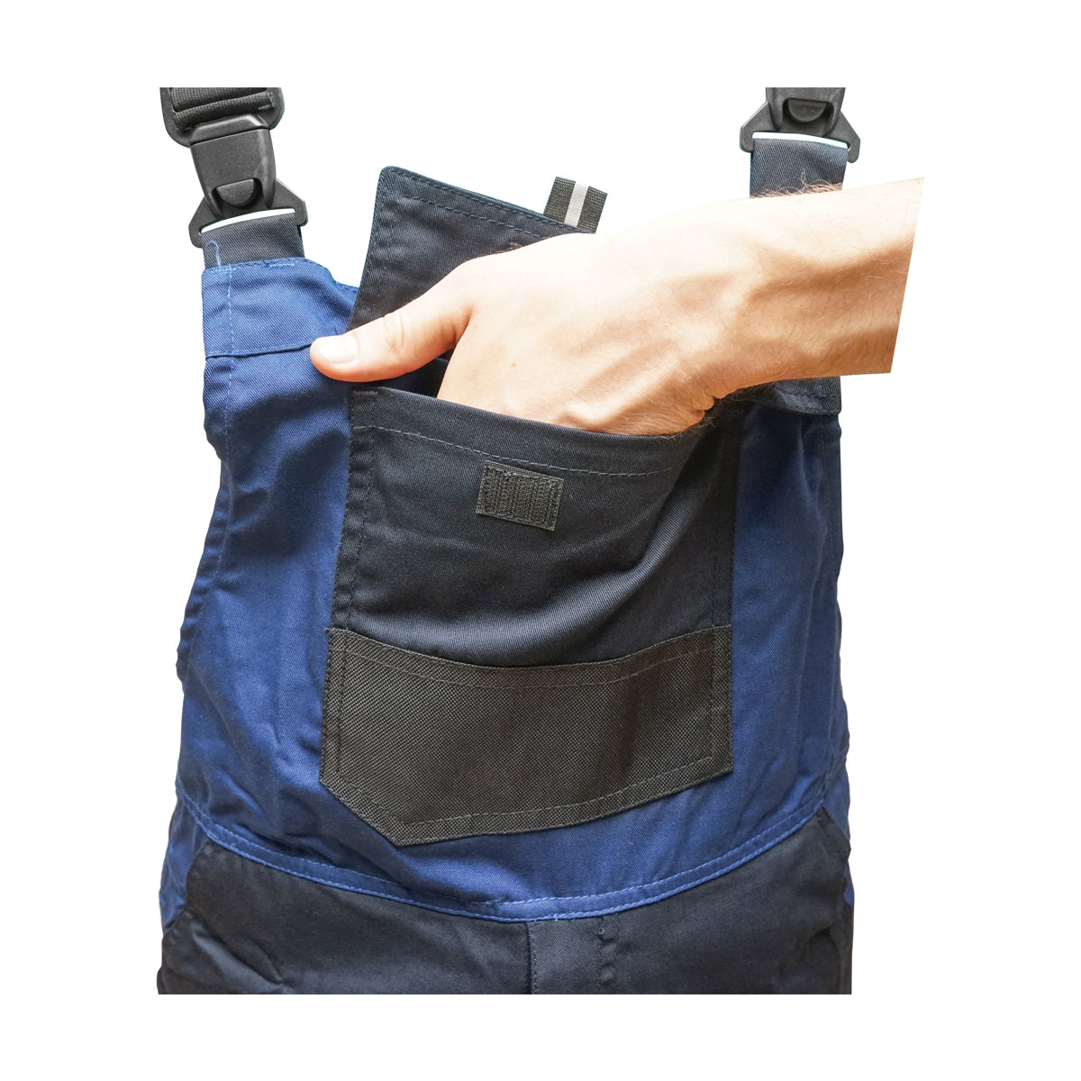 Mellrészes munkásnadrág (kantáros nadrág), poliészter és pamut anyagból, sötétkék (navy), XL méret, Breckner Germany