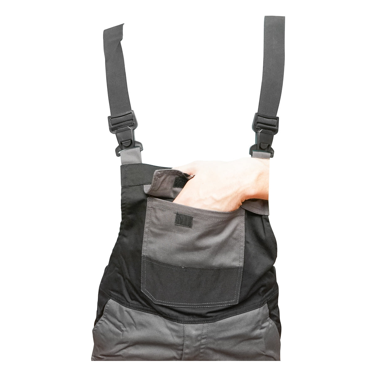 Mellrészes munkásnadrág (kantáros nadrág), poliészter és pamut anyagból, szürke-fekete, XL méret, Breckner Germany
