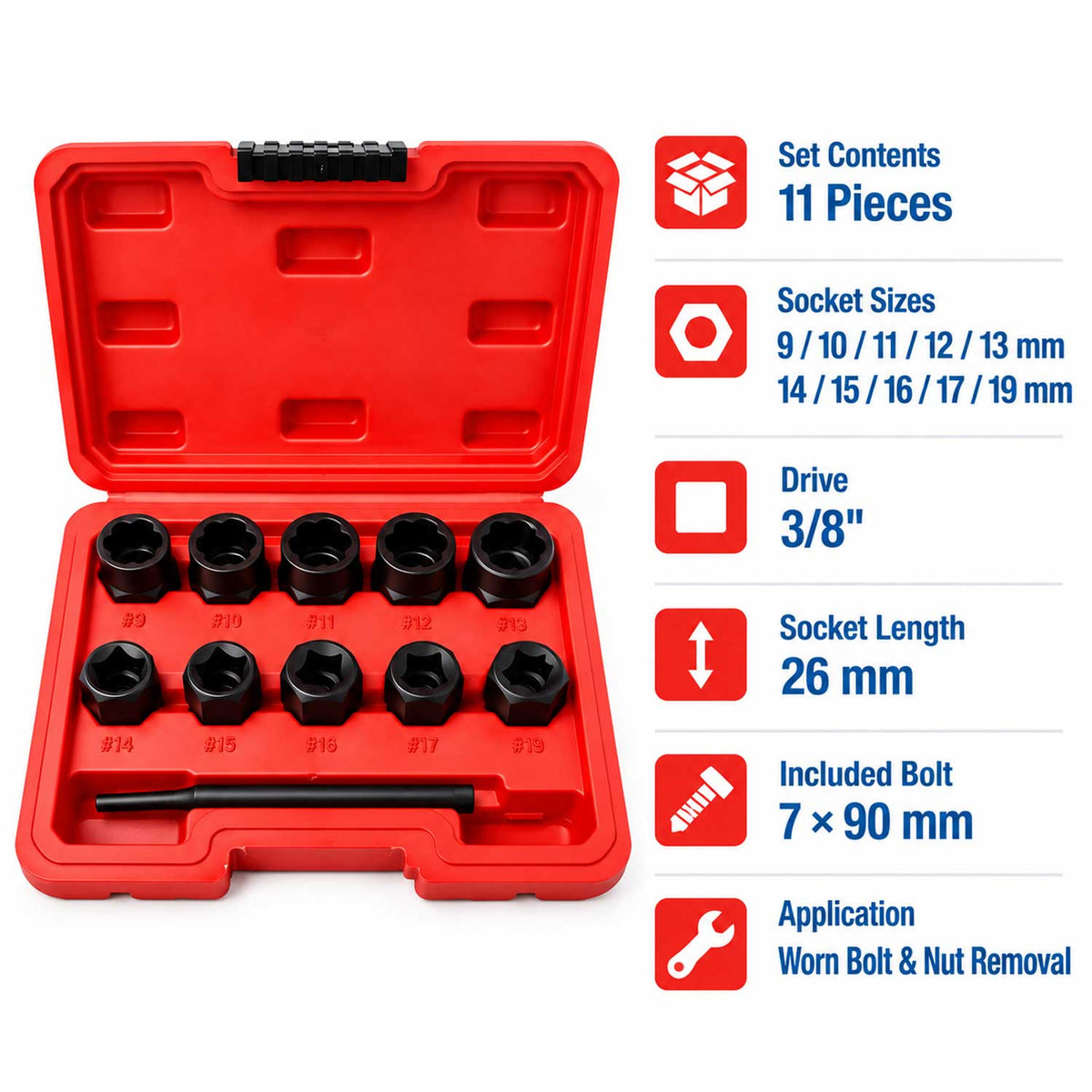 Sérült csavar eltávolító dugókulcs készlet 9-19 mm 11 db GEBO TOOLS