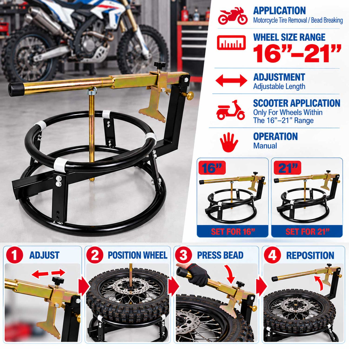 Kézi motorkerékpár gumiszerelő állvány 16" - 21" GEBO TOOLS