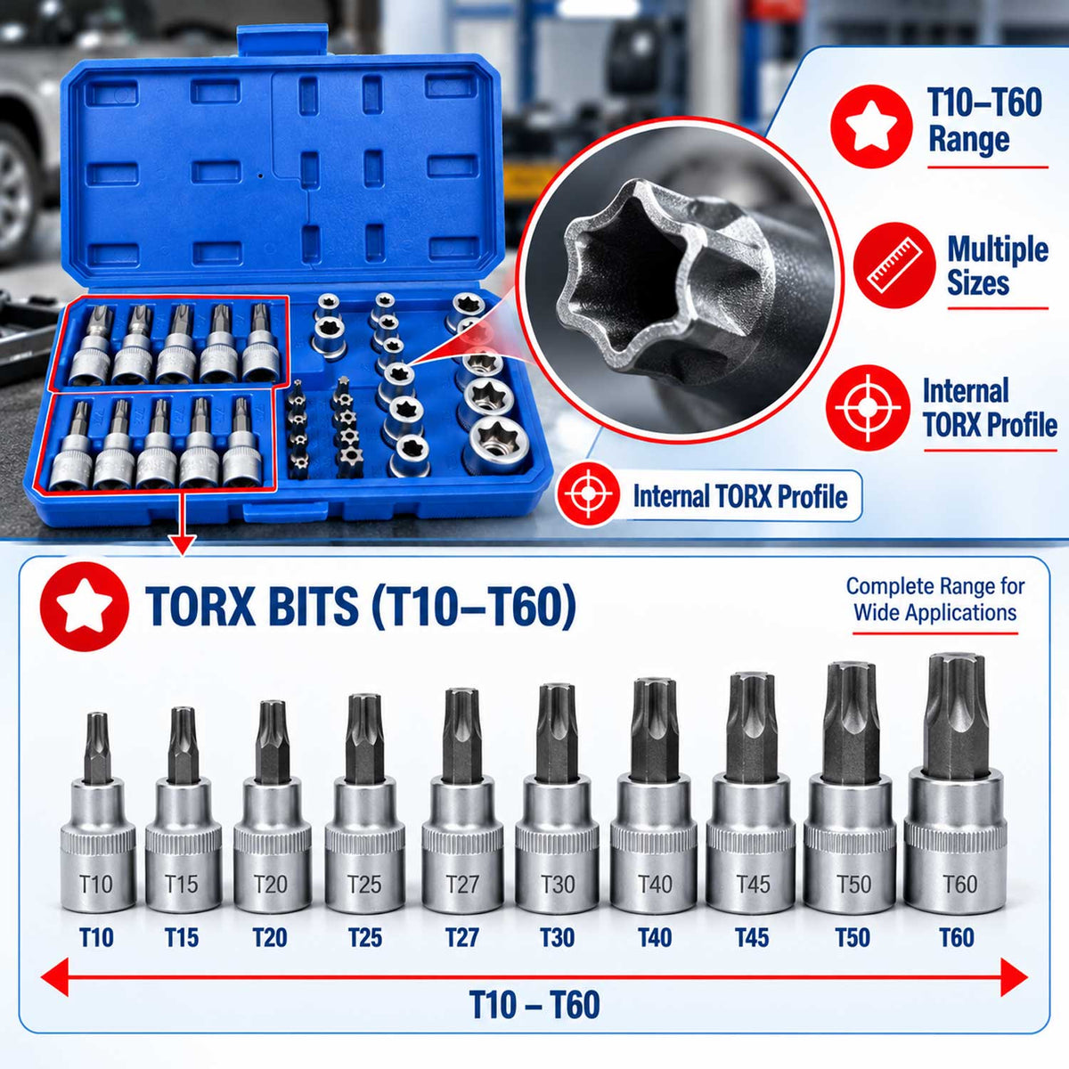 Dugókulcs készlet e-profil TORX 3/8" 34 db t10-t60 e4-e20 GEBO TOOLS