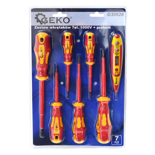 SZIGETELT CSAVARHÚZÓ KÉSZLET VILLANYSZERELŐKNEK 1000V-IG ÉS DIGITÁLIS FESZÜLTSÉGMÉRŐ 7 DB GEKO