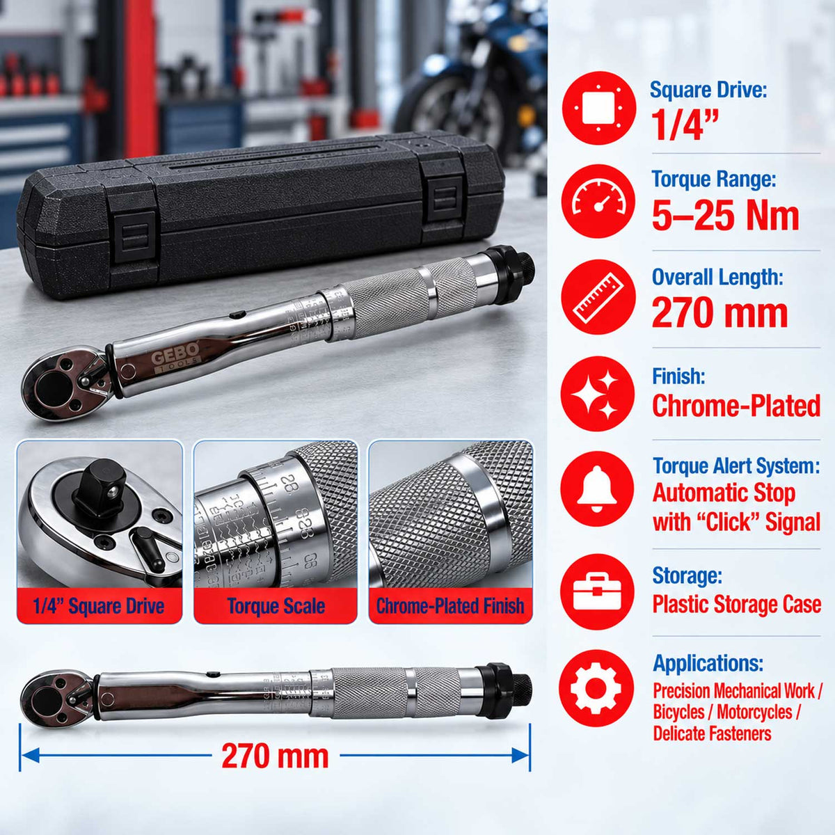 Nyomatékkulcs 1/4" 5-25 NM GEBO TOOLS