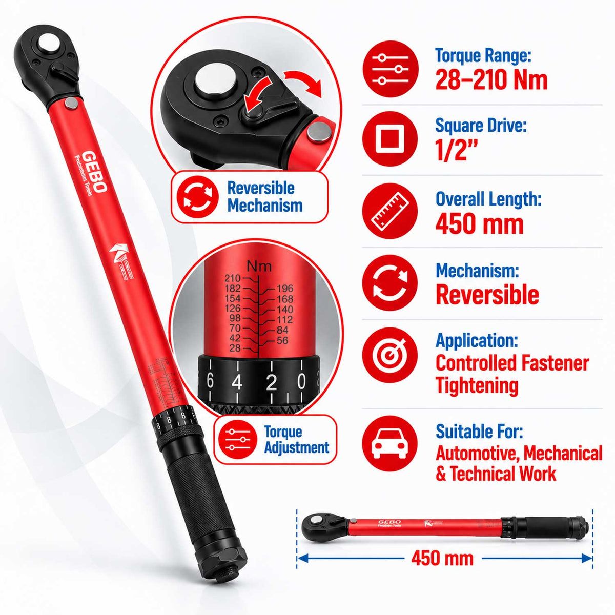 Nyomatékkulcs 1/2" 28-210 NM GEBO TOOLS