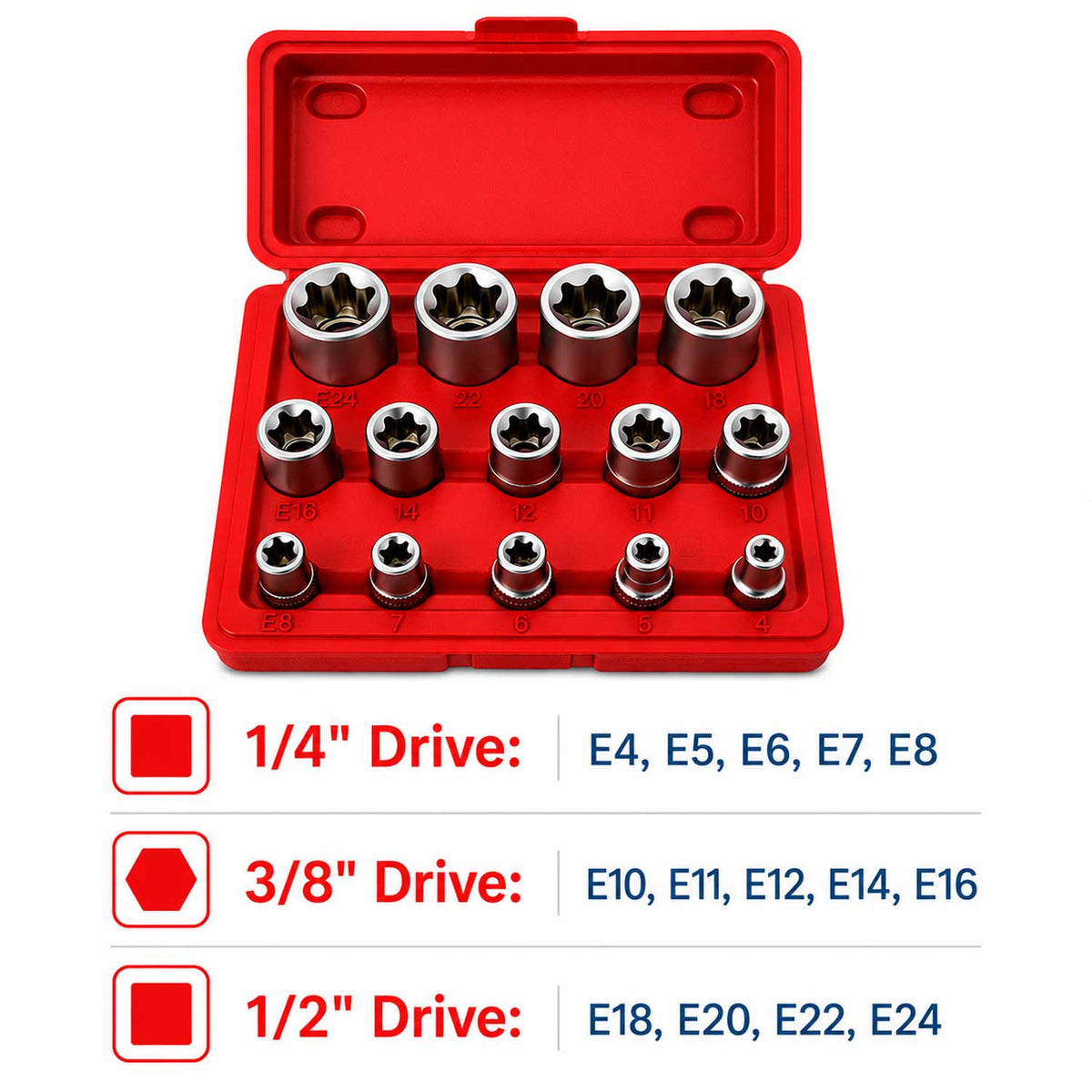 Dugókulcs készlet e profil e4-e24 1/4 3/8 1/2 14 db GEBO TOOLS