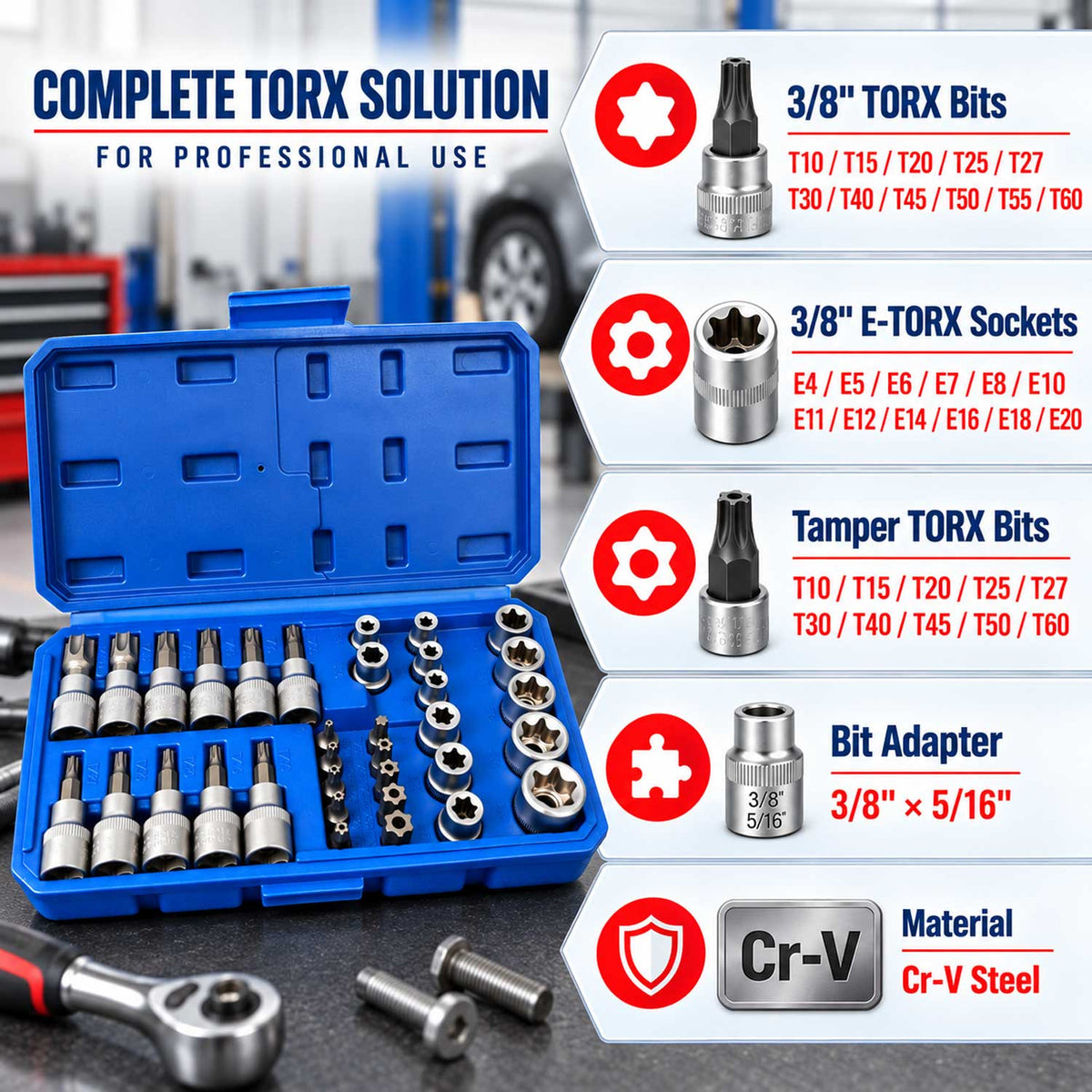 Dugókulcs készlet e-profil TORX 3/8" 34 db t10-t60 e4-e20 GEBO TOOLS