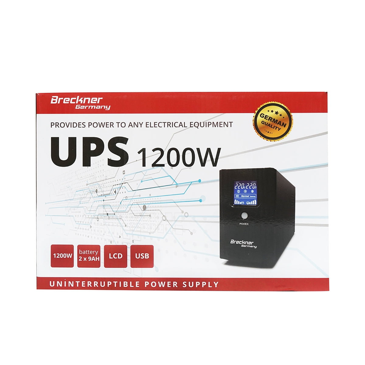 UPS 2000VA/1200W 2x9Ah akkumulátorokkal és 2 shuko aljzattal, LCD, USB, AVR Breckner Germany