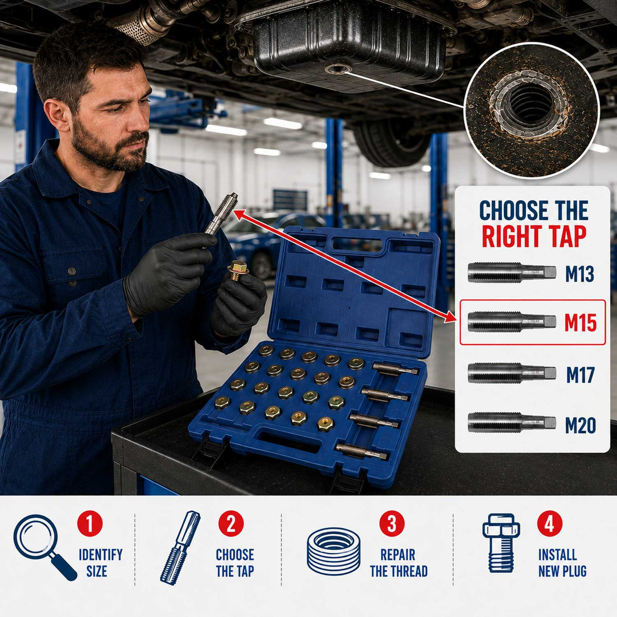 Olajtekn őcsavar javító készlet m13 m15 m17 m20 GEBO TOOLS