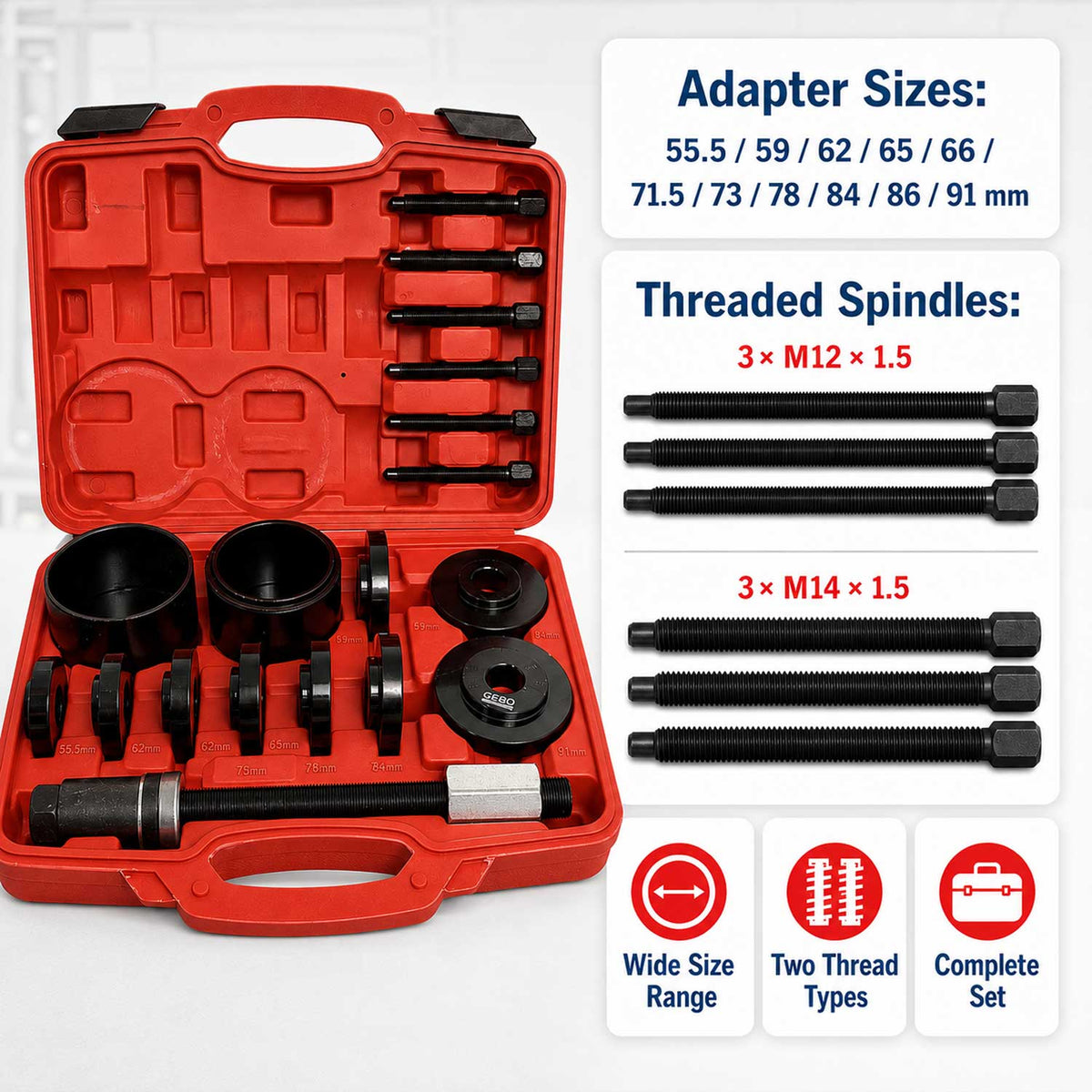 Csapágy és kerékagy szerelő készlet 55-91 mm GEBO TOOLS