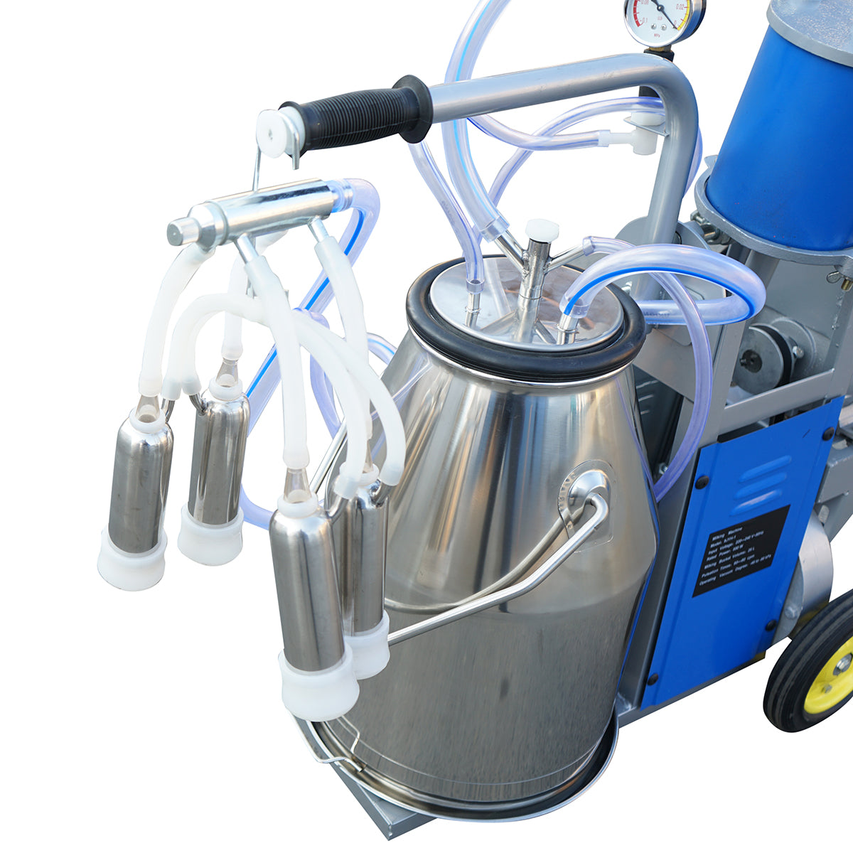 Tehénfejő gép, 1 állásos, 550 W, 25 literes rozsdamentes acél tartállyal, fejőegység 4 fejőpohárral, vákuumnyomás 45–50 kPa, pulzálás 60–80 ciklus/perc