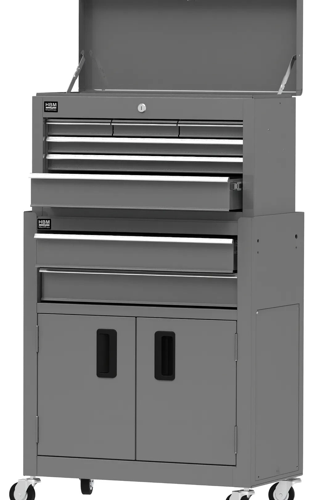 ÜRES FÉM SZERSZÁMOS KOCSI - SZERSZÁMOS SZEKRÉNY 2 DB 8 FIÓK SZÜRKE HBM MACHINES PREMIUM, HOLLANDIA