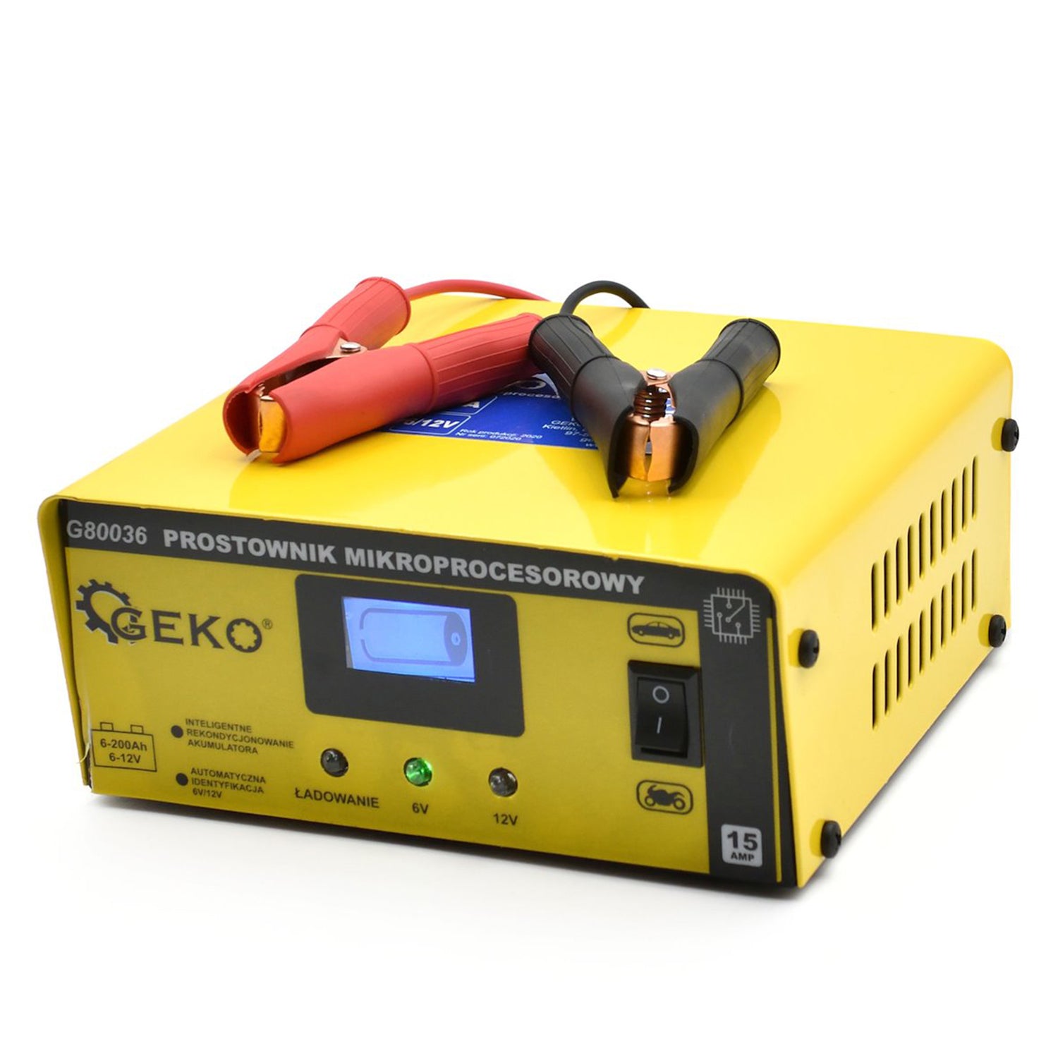 AUTÓ AKKUMULÁTOR TÖLTŐ MIKROPROCESSZOROS 6/12V LCD-S 15A, 6–200 AH AKKUMULÁTOROKHOZ GEKO