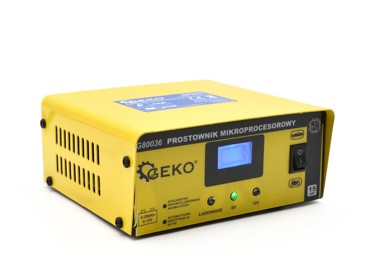 AUTÓ AKKUMULÁTOR TÖLTŐ MIKROPROCESSZOROS 6/12V LCD-S 15A, 6–200 AH AKKUMULÁTOROKHOZ GEKO