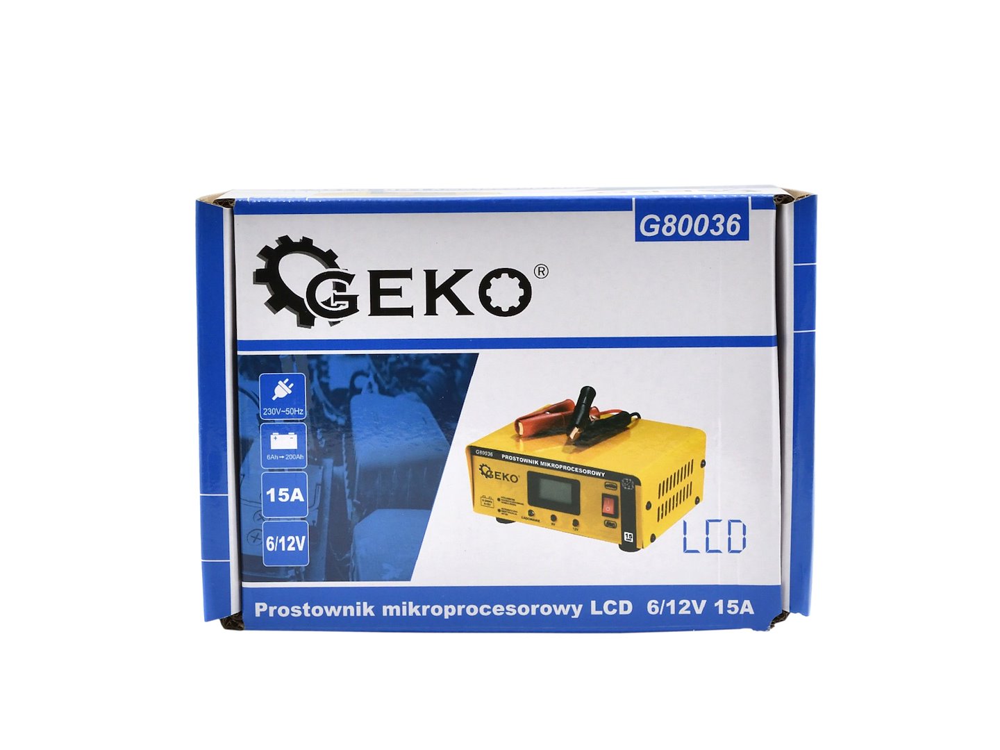 AUTÓ AKKUMULÁTOR TÖLTŐ MIKROPROCESSZOROS 6/12V LCD-S 15A, 6–200 AH AKKUMULÁTOROKHOZ GEKO