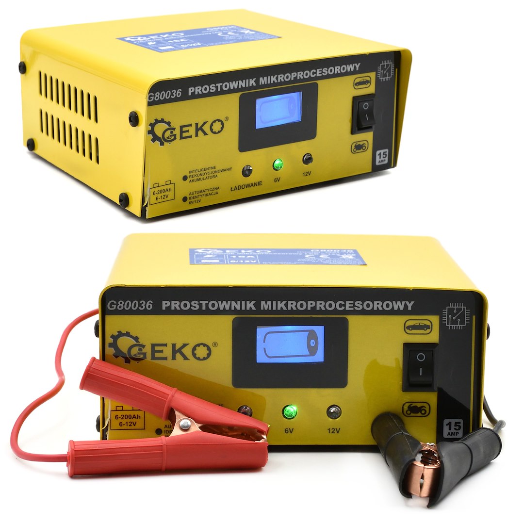 AUTÓ AKKUMULÁTOR TÖLTŐ MIKROPROCESSZOROS 6/12V LCD-S 15A, 6–200 AH AKKUMULÁTOROKHOZ GEKO