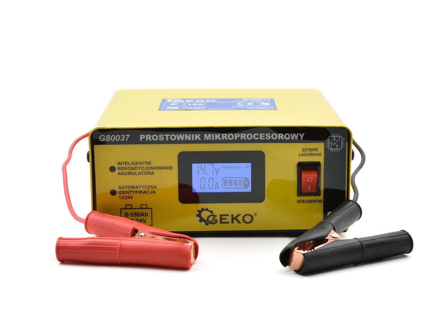AUTÓ AKKUMULÁTOR TÖLTŐ MIKROPROCESSZOROS 12/24V LCD-S 15A, 6–200 AH AKKUMULÁTOROKHOZ GEKO