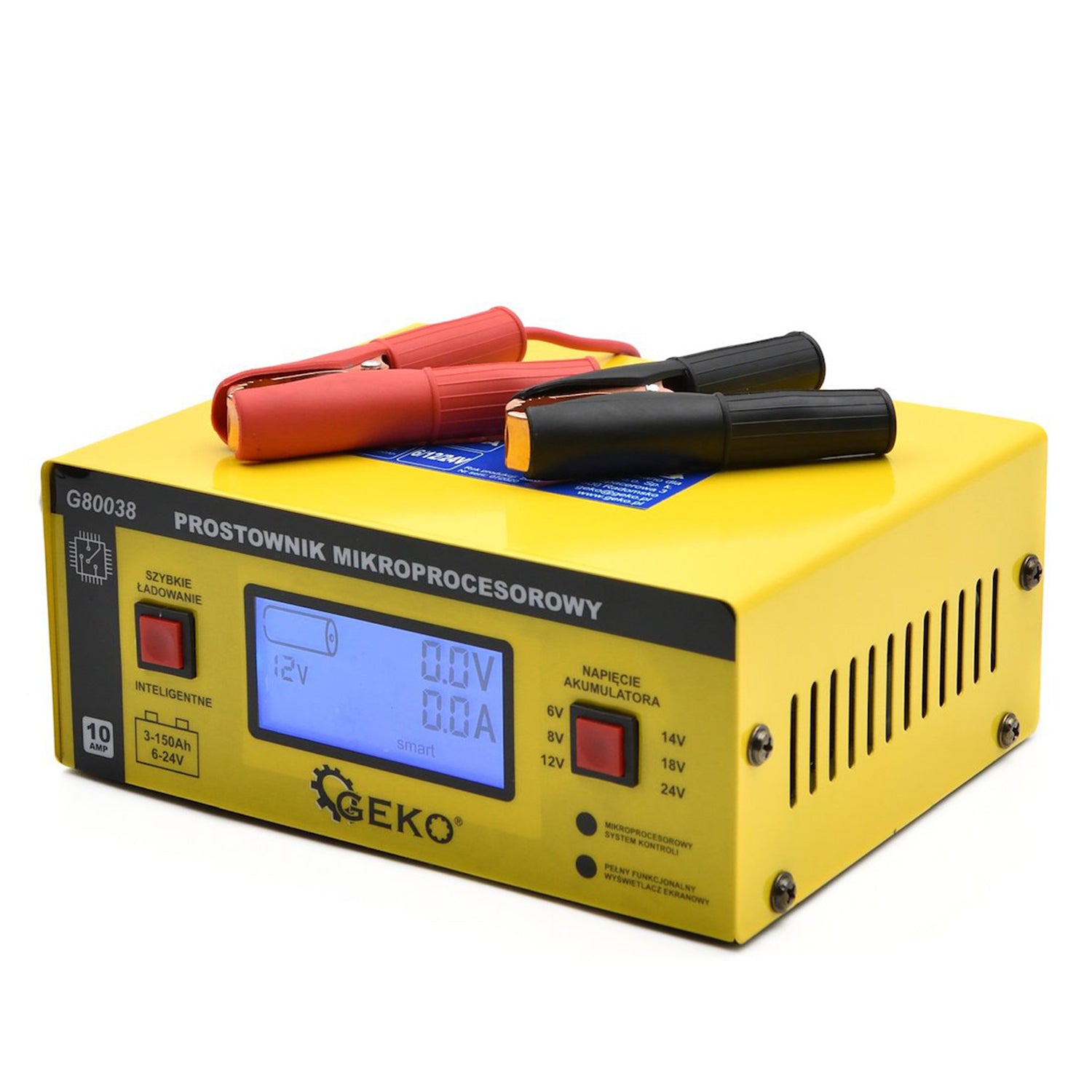 AUTÓ AKKUMULÁTOR TÖLTŐ MIKROPROCESSZOROS 6/12/24V LCD-S 15A, 6–200 AH AKKUMULÁTOROKHOZ GEKO
